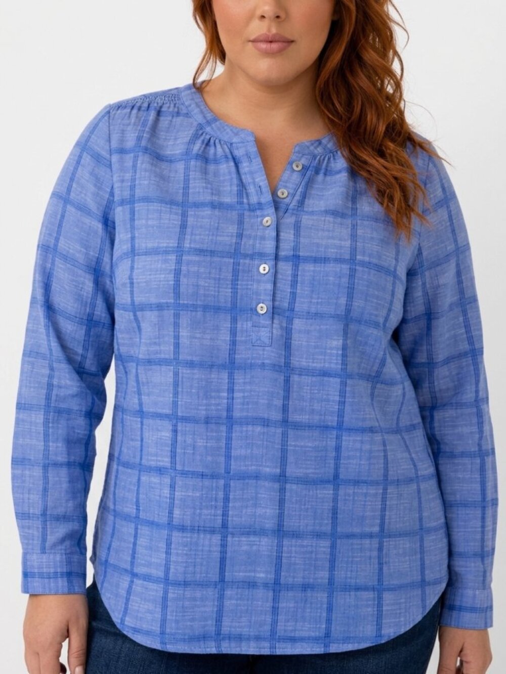 Talbots Blue Plaid Long Sleeve Button Henley Cotton Blouse Top